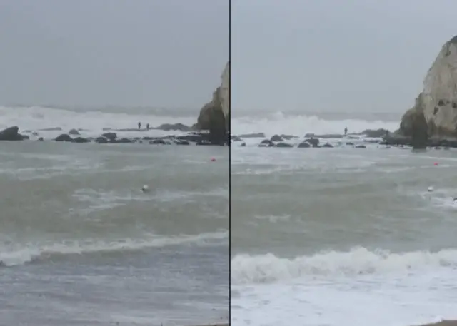 People out on the rocks during Storm Ciara - by Annabel Cattle