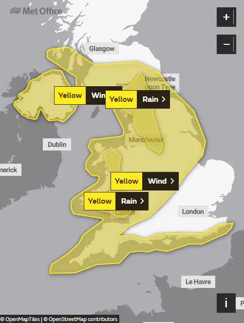 Met Office map of the wind warning