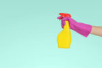 Person with rubber gloves holding a spray bottle of household cleaner