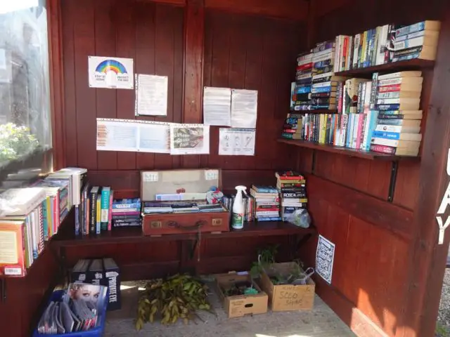 Inside the book sharing bus shelter