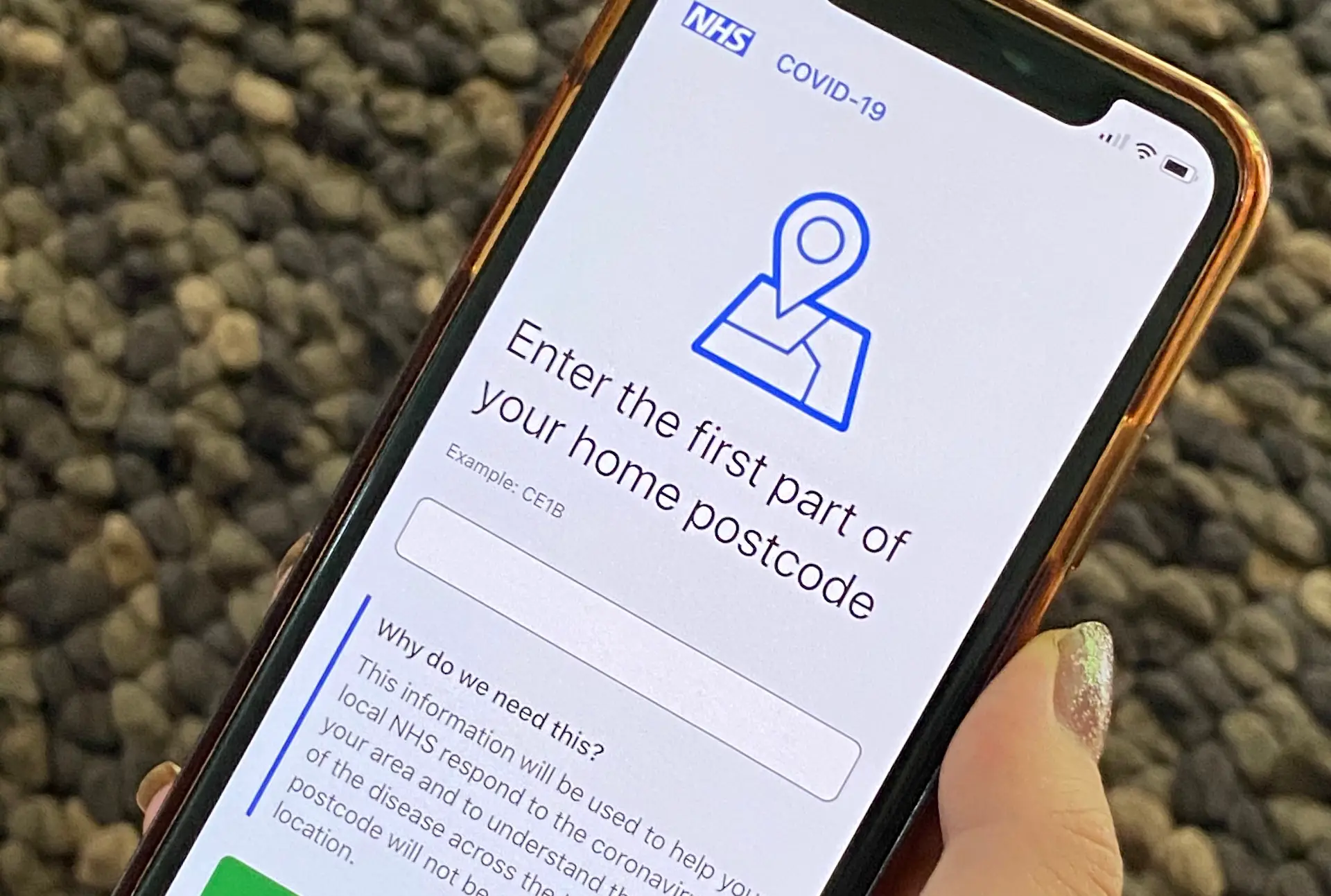 enter postcode screen on contact tracing app