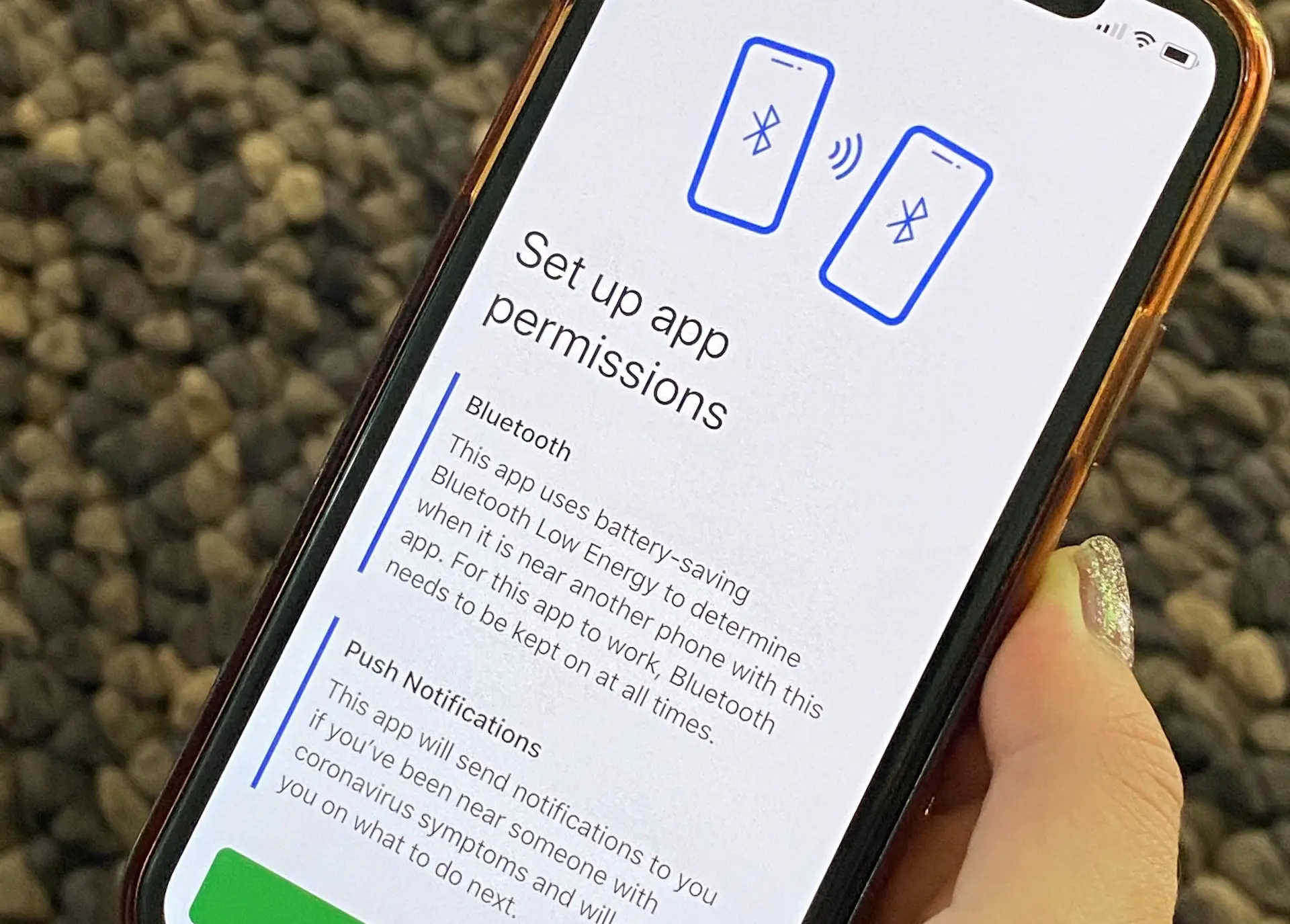 set up permissions screen on contact tracing app