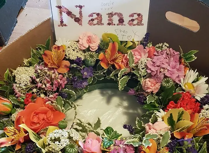 wreath for grandmothers funeral made from GIVE donated flowers
