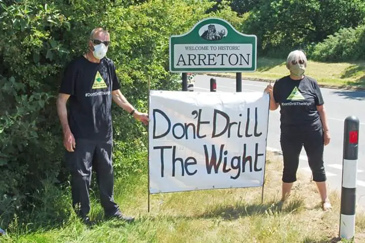 Don't Drill the Wight banner in entrance to Arreton