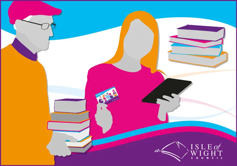 Illustration of person holding ipad, library tickets and books
