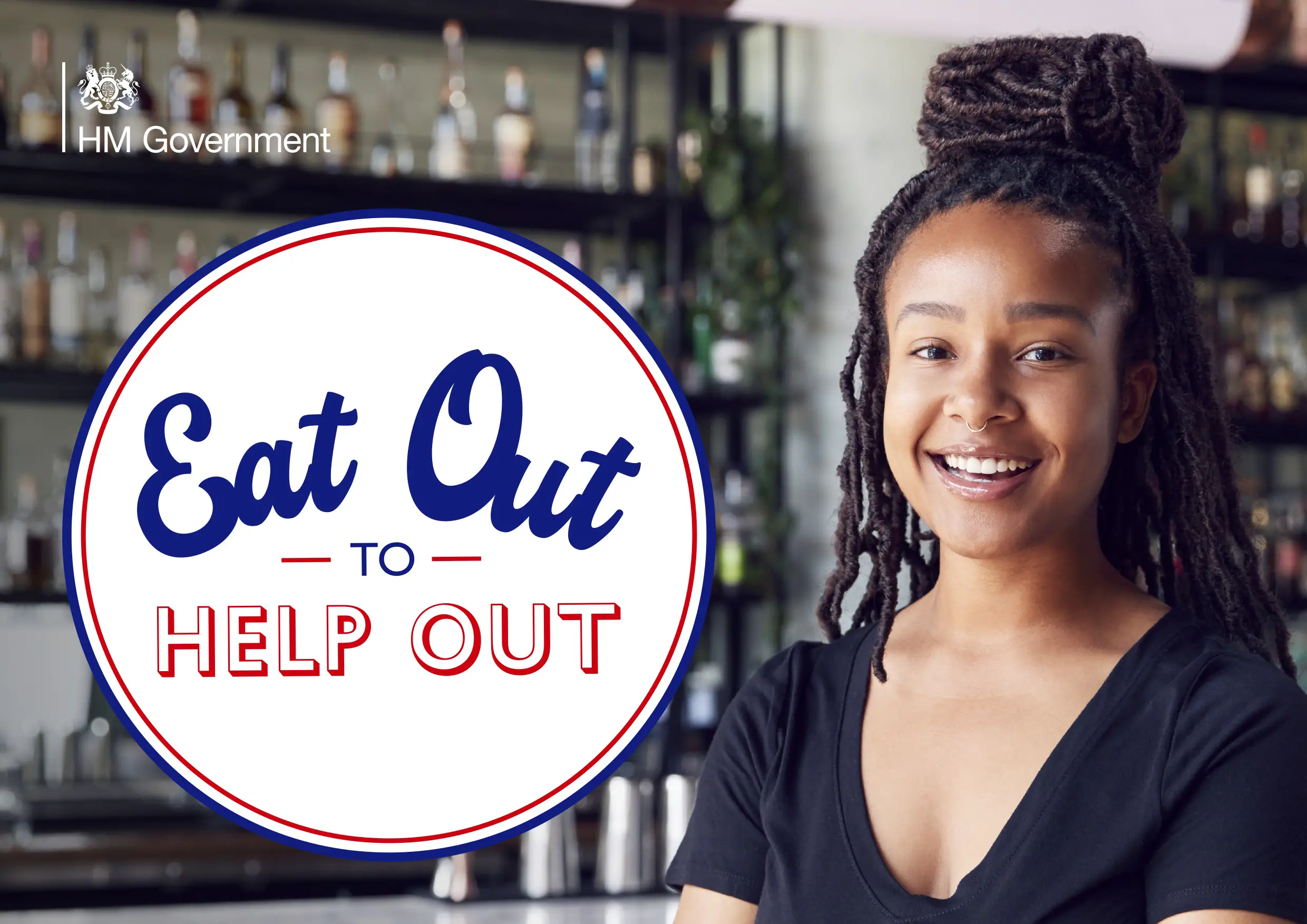 Smiling woman in a restaurant and the Eout Out to Help Out logo
