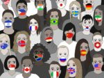 illustration of people wearing face masks with world flags on them