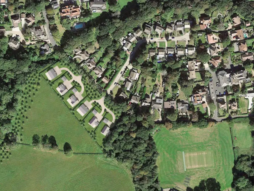 westhill road shanklin - aerial view of artists impression of six houses on green space