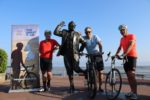 Hugh Roberts (centre) and Robin Young (right) are joined by Lancashire cyclist Paul Hargreaves for Day 40 of The Great Tour from Morecambe on Wednesday 12 August