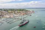 Aerial shot of Red Funnel ferry leaving Cowes