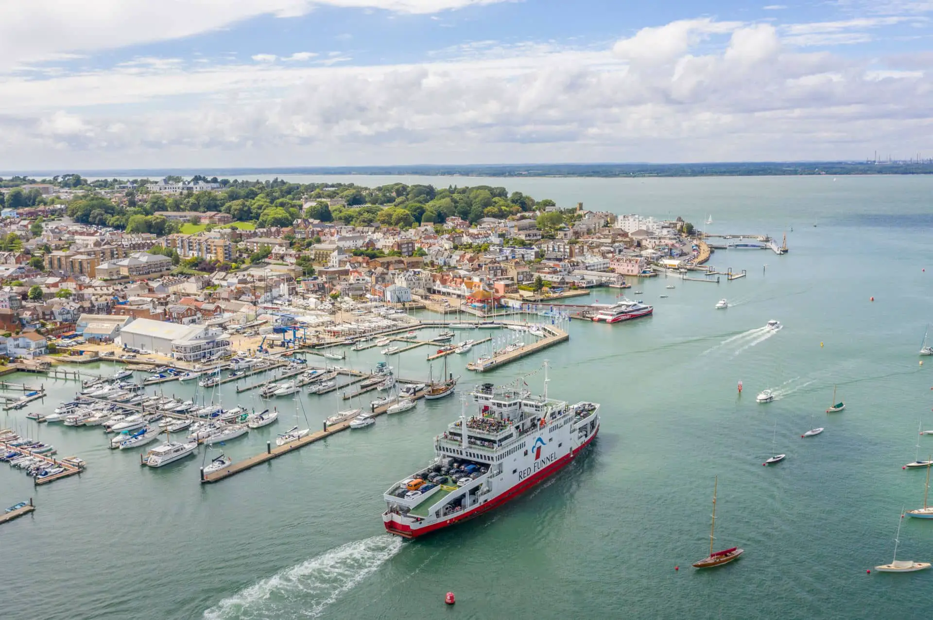 Aerial shot of Red Funnel ferry leaving Cowes