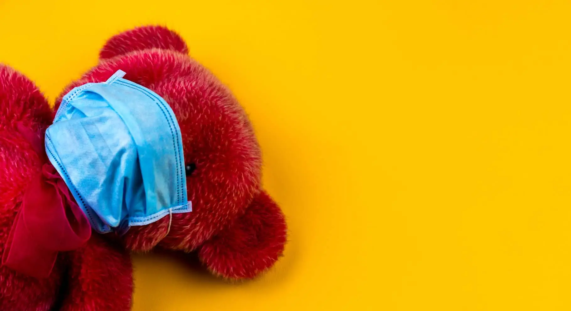 red teddy bear with face mask on