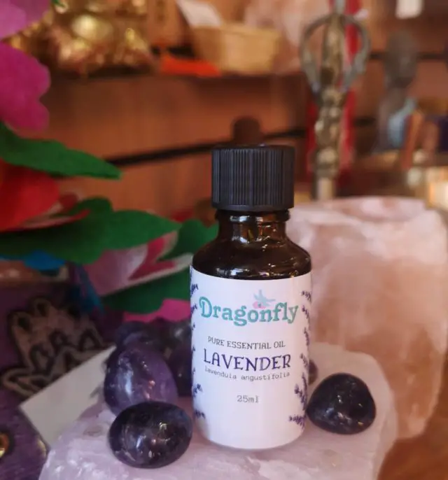 Inside Dragonfly shop showing bottle of lavender oil