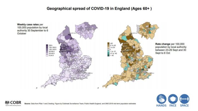 Map showing the geographical spread of C19 in England (ages 60+)