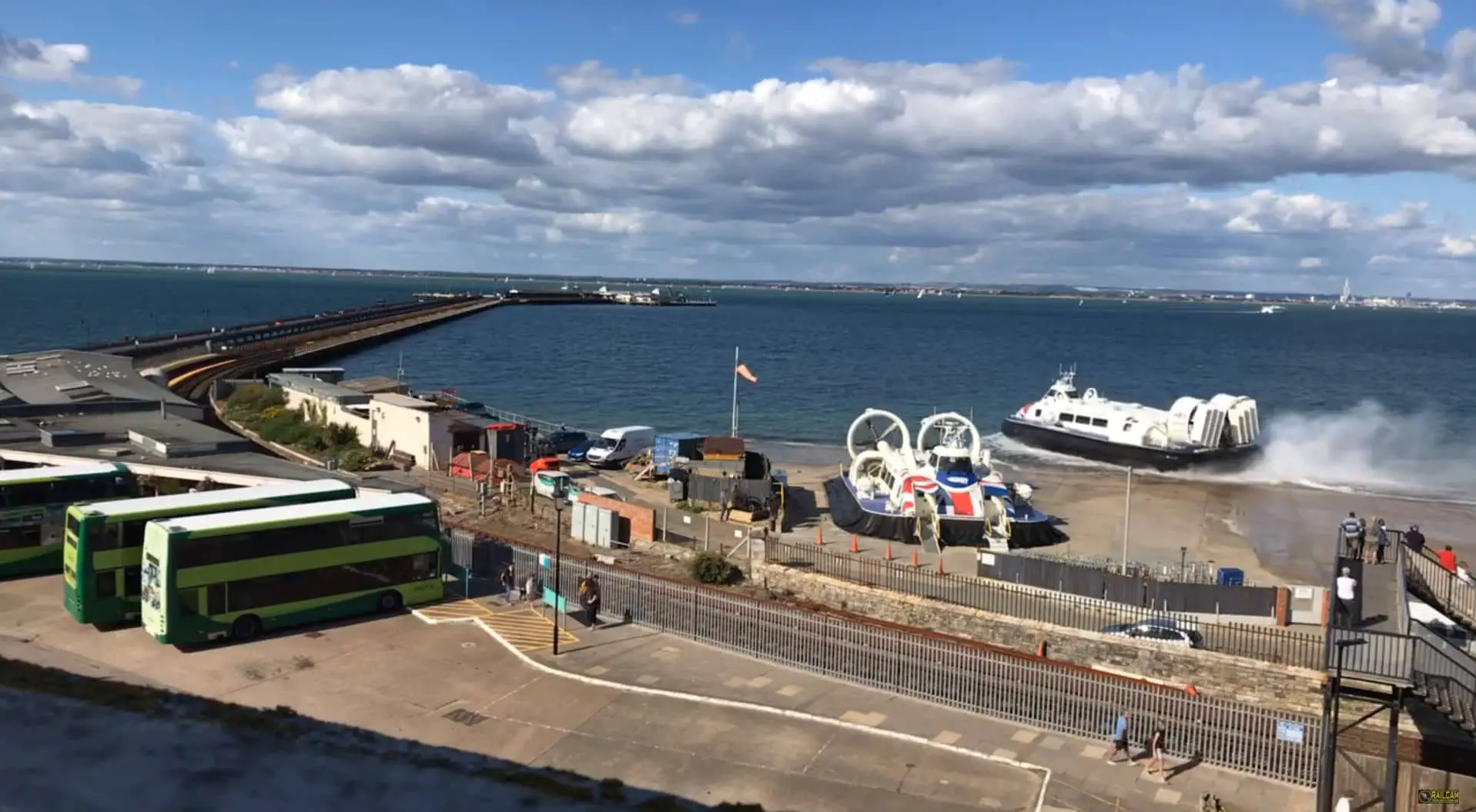 Railcam in Ryde showing two Hovercraft and three buses