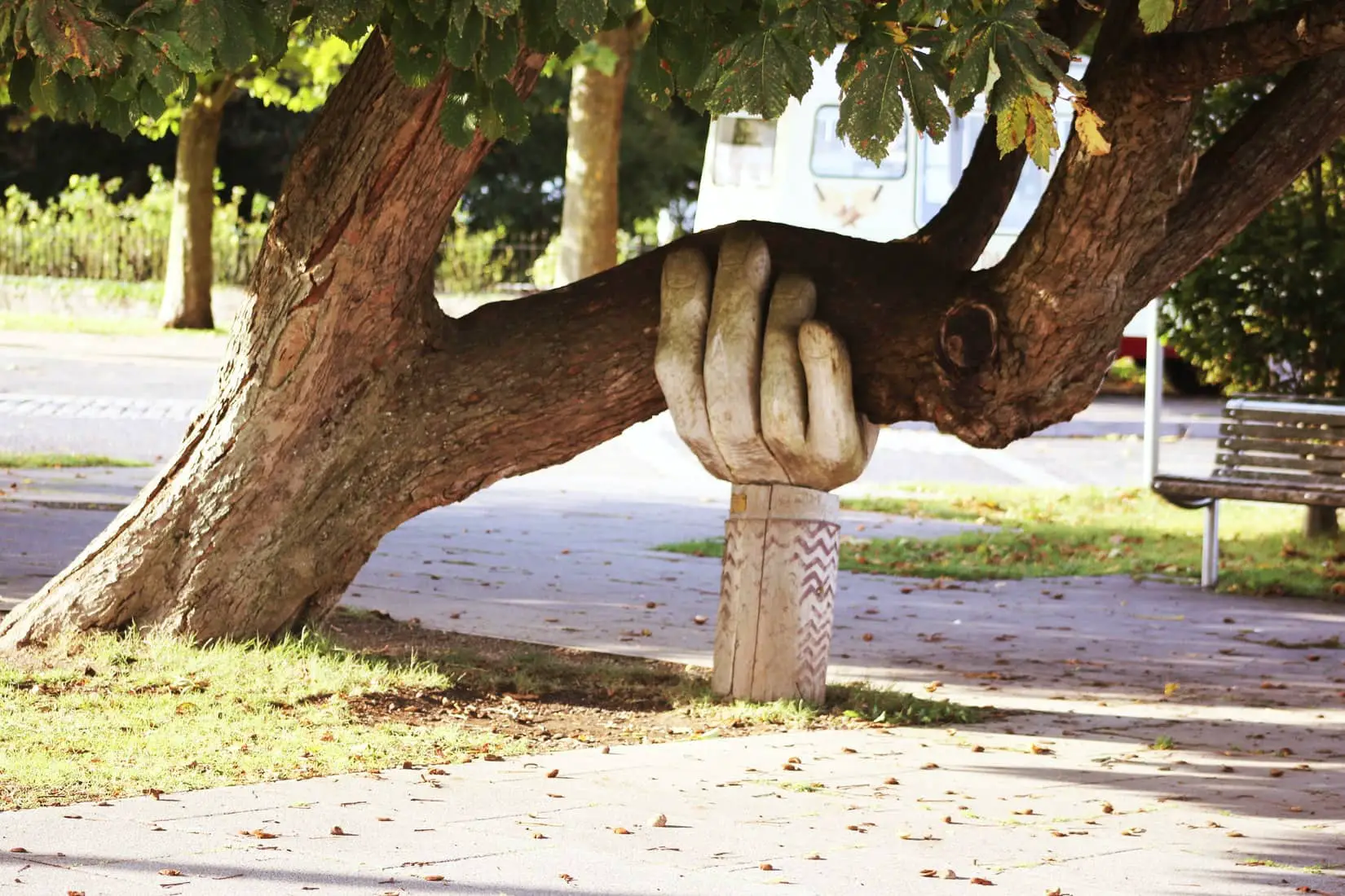 concrete hand holding up a tree