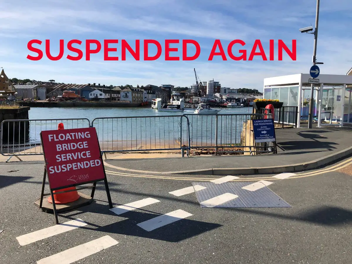 Suspended service sign at the Cowes Floating Bridge - with the message suspended again
