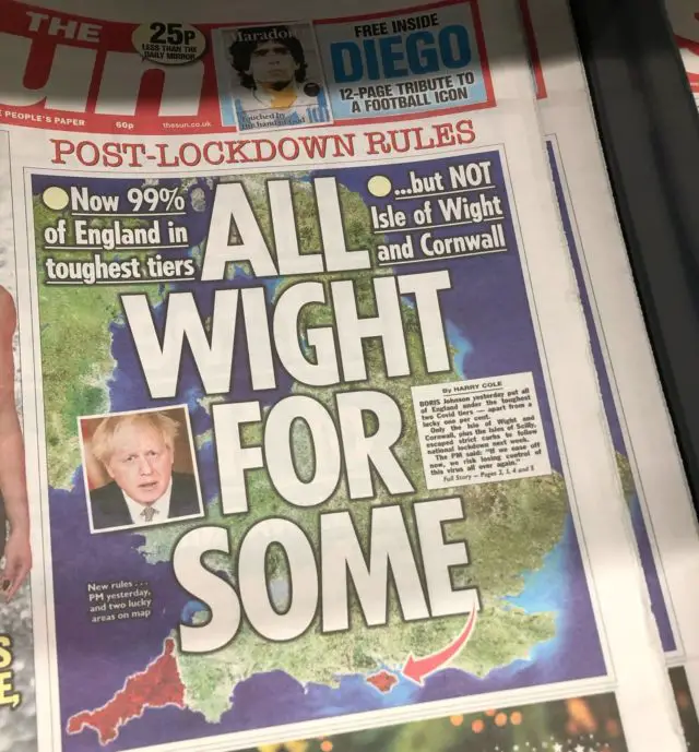 front page of The Sun with Isle of Wight being pointed out