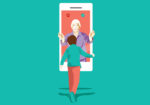 illustration of grandmother stepping out of mobile phone to hug grandson