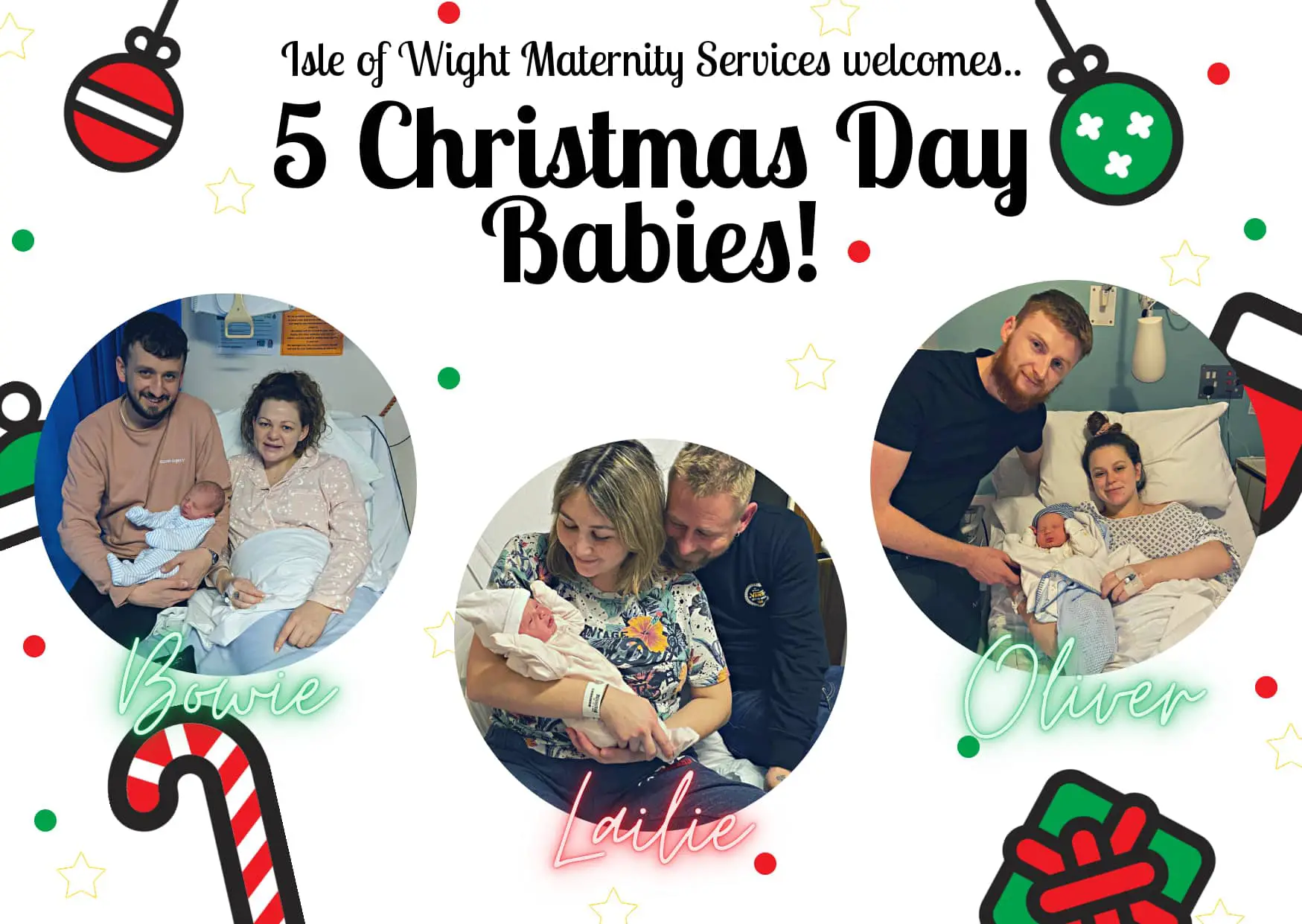 Picture of three newborns with parents atst mary's on Christmas Day