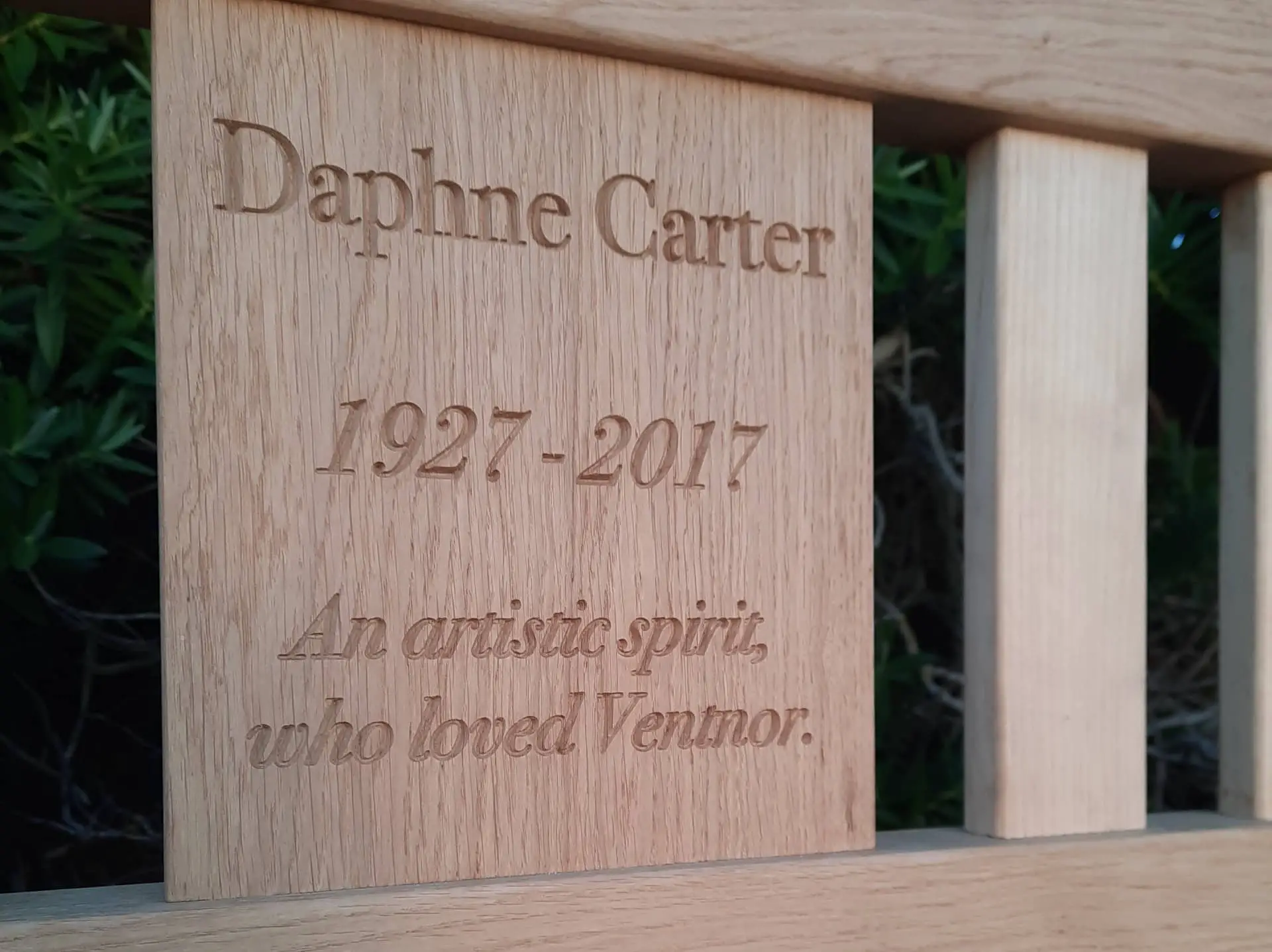 Inscription on Daphne's bench