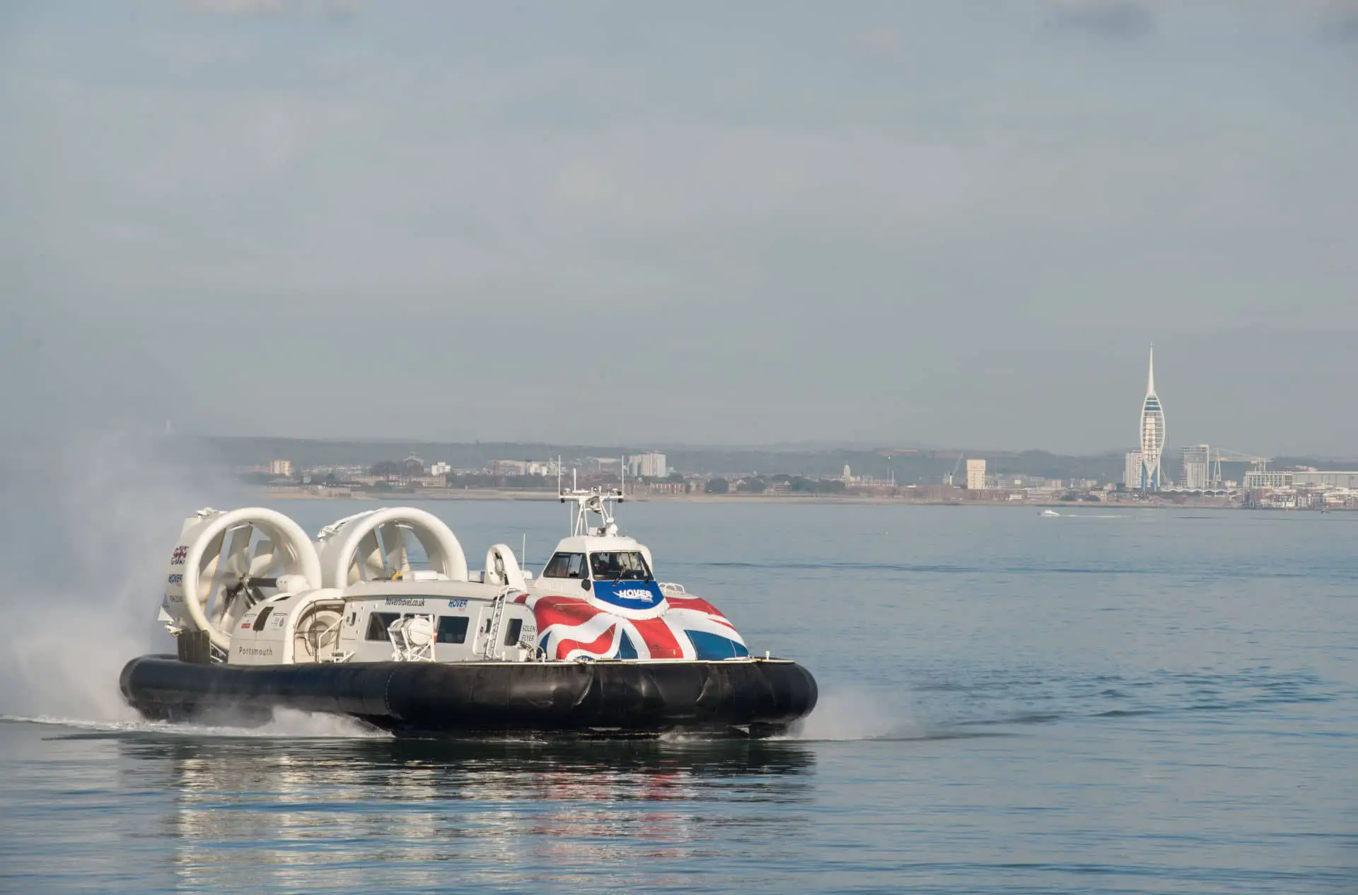 The Hovercraft on the water with Spinnaker Tower in the background
