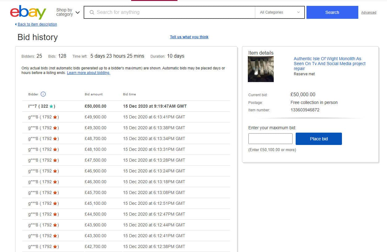 Isle of Wight Monolith reaches £50k on eBay 15 Dec 2020