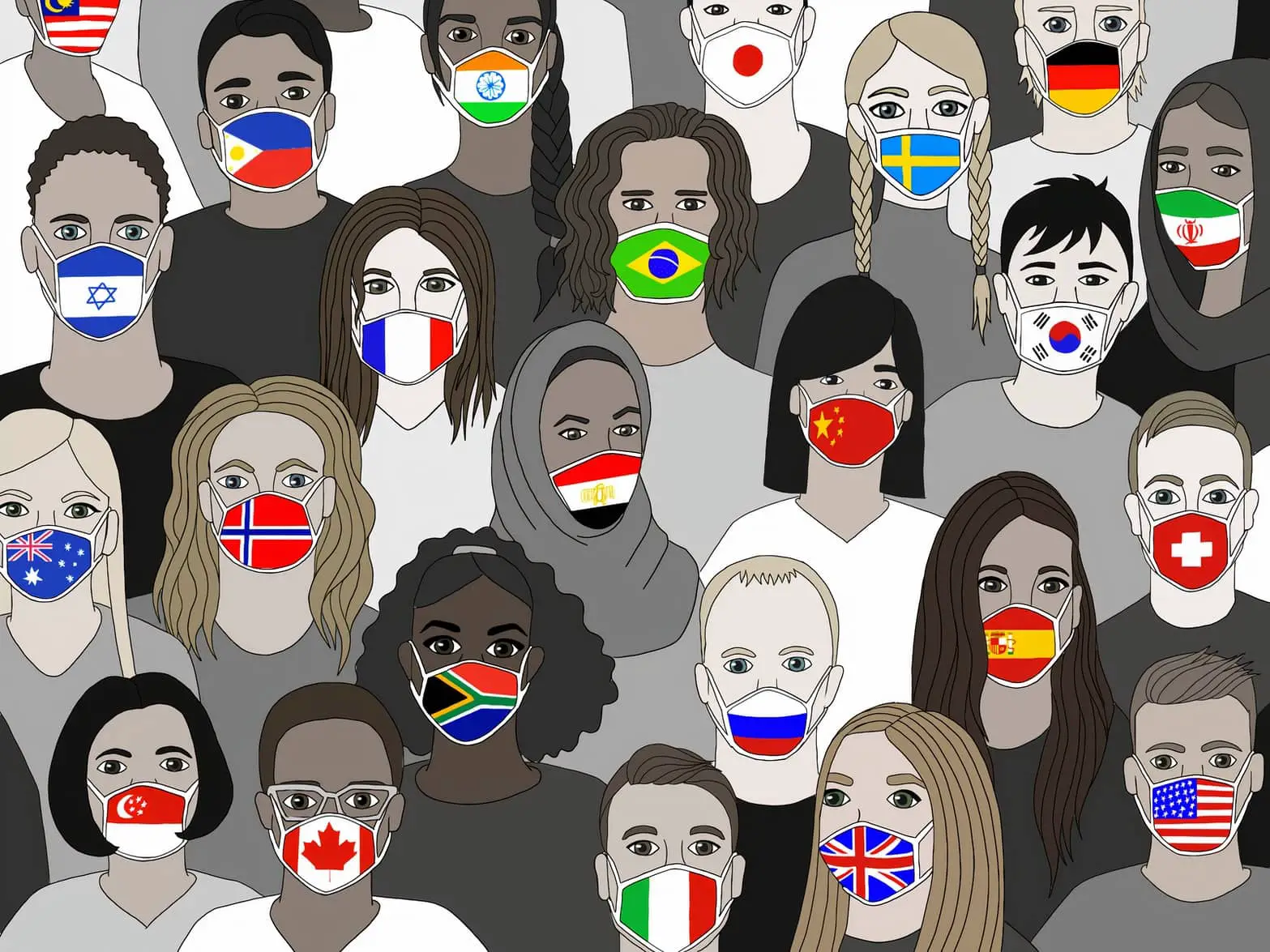 illustration of people wearing face masks with world flags on them