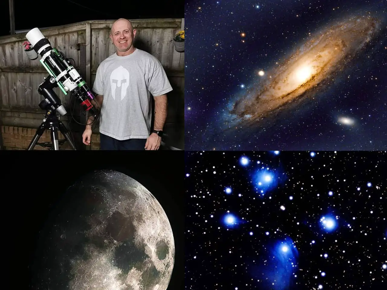 Kevin Power in his garden with his telescope and images from outer space