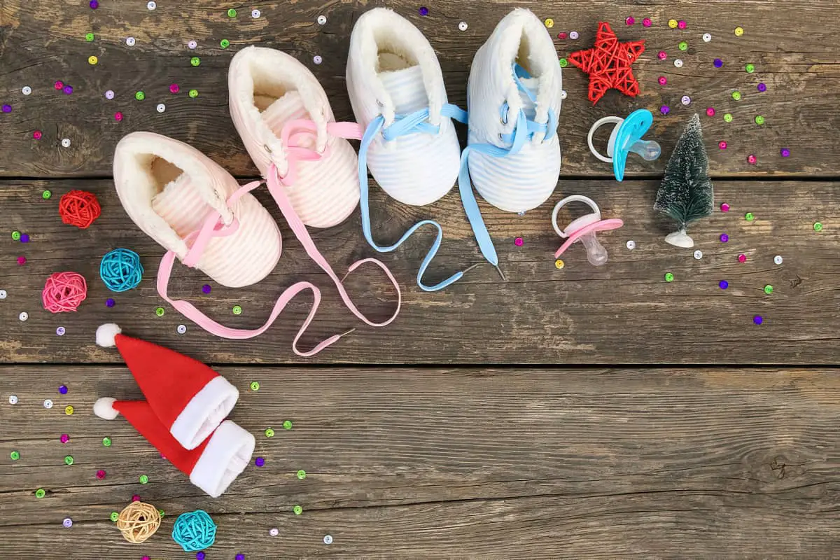 Photo of baby shoes with the laces fashioned into to illustrate New Years Day Babies