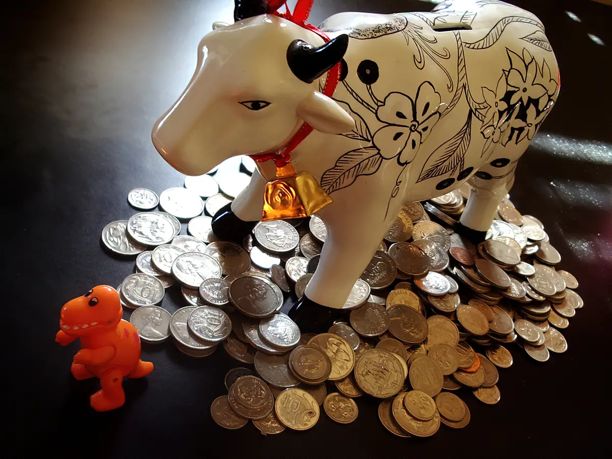Cash Cow money box and coins