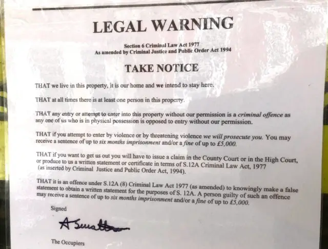 Legal warning issued by the occupiers © Sandown Hub