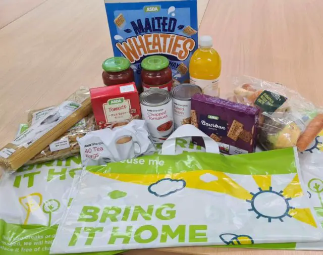 One of the carrier bags with the ASDA essential food donations