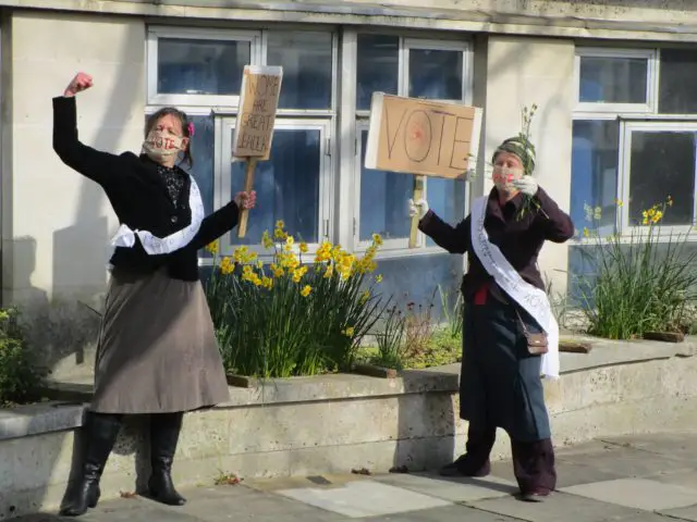 Julie and Teresa in Newport on IWD outside County Hall