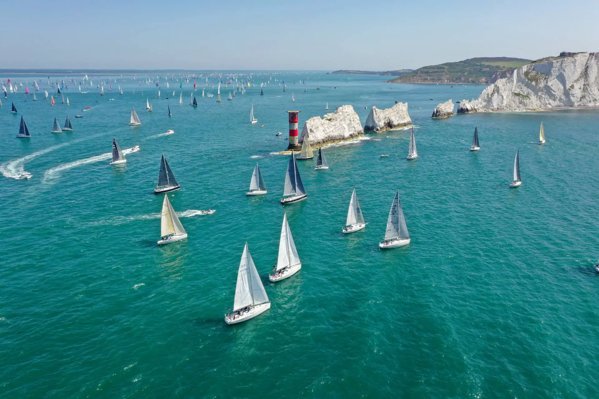 Round the island Race from the air by the Needles - lots of boats in the water