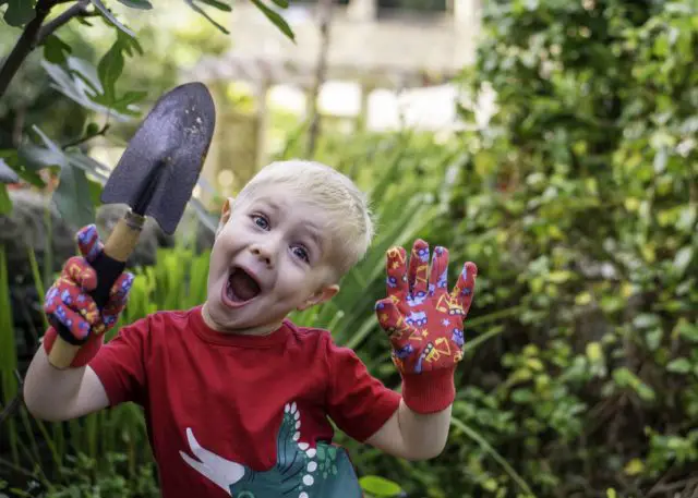 Boy with trowel in garden by Evie and Tom Photography