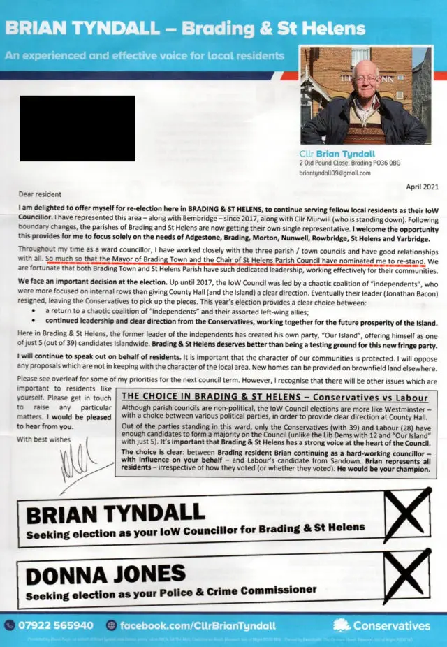 Brian Tyndall's election leaflet