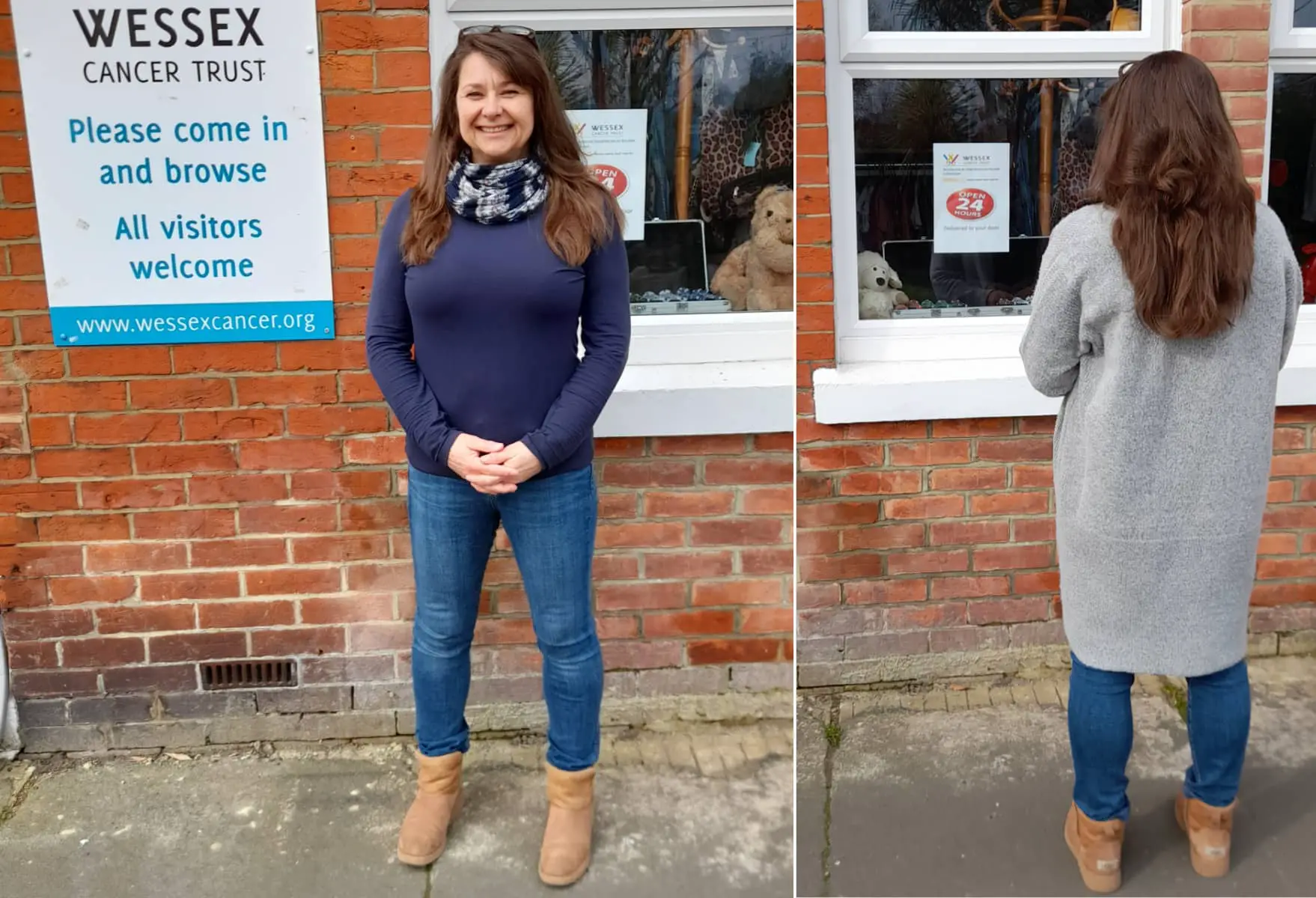 Kim Blackburn showing front and back of long hair outside te Wessex Cancer Trust charity shop