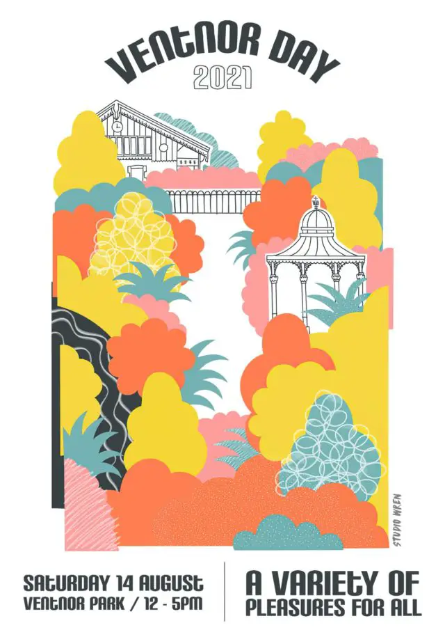 Ventnor Day Poster showing tghe bandstand and colourful trees and bushes
