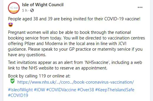 IWC FB post for 38-39 year olds and women who are  pregnant