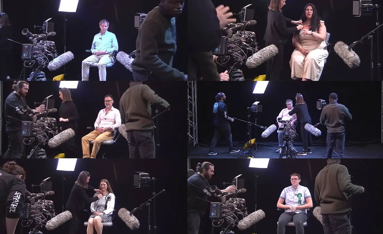 Photos from filming for election videos with candidates sitting in front of camera