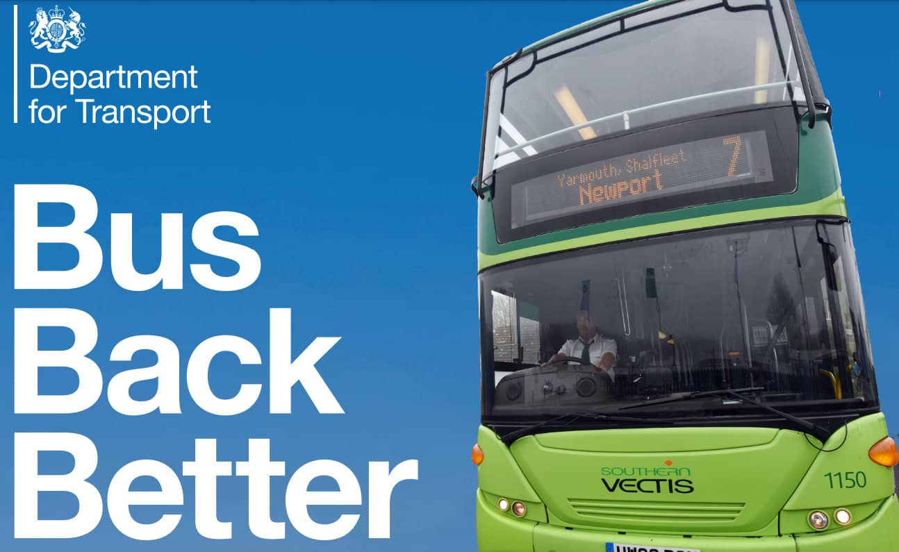 Text Bus Back Better on blue background with Southern Vectis bus on right hand side