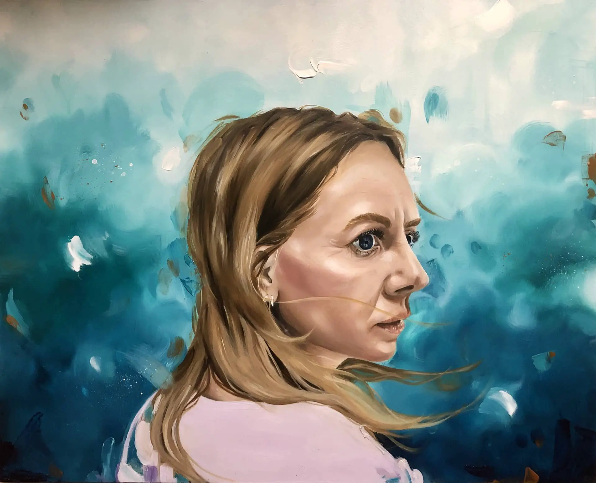 Painting of a woman looking concerned, with blue background by Chloe Anstey