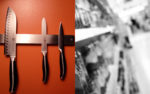 Split image with one side showing kitchen knives and the other showing supermarket shelves