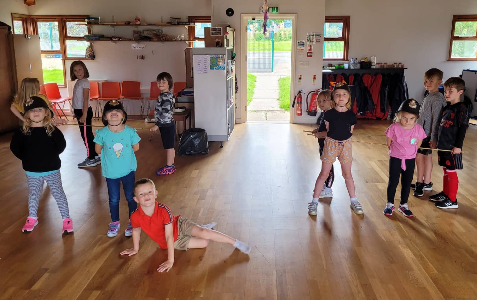 Re-imagined Keystone Kops in rehearsal - children at Oakfield Primary summer school