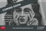 Modern Slavery Partnership exhibition poster showing person holding plastic mask to their face