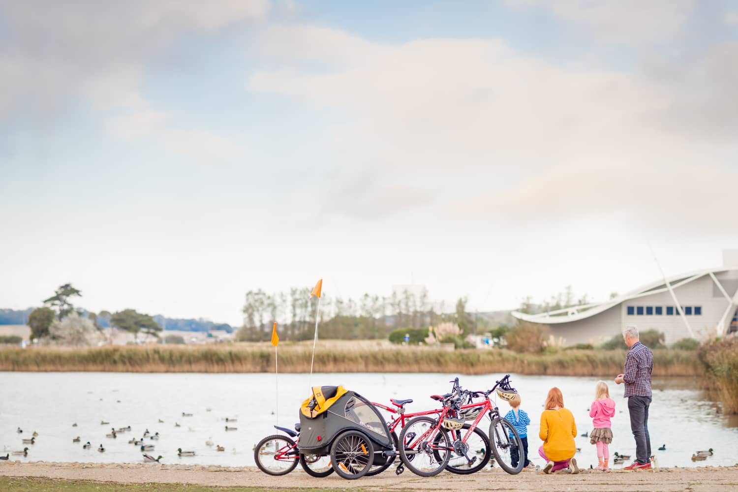 Family feeding sucks at pond by at dinosaur isle.