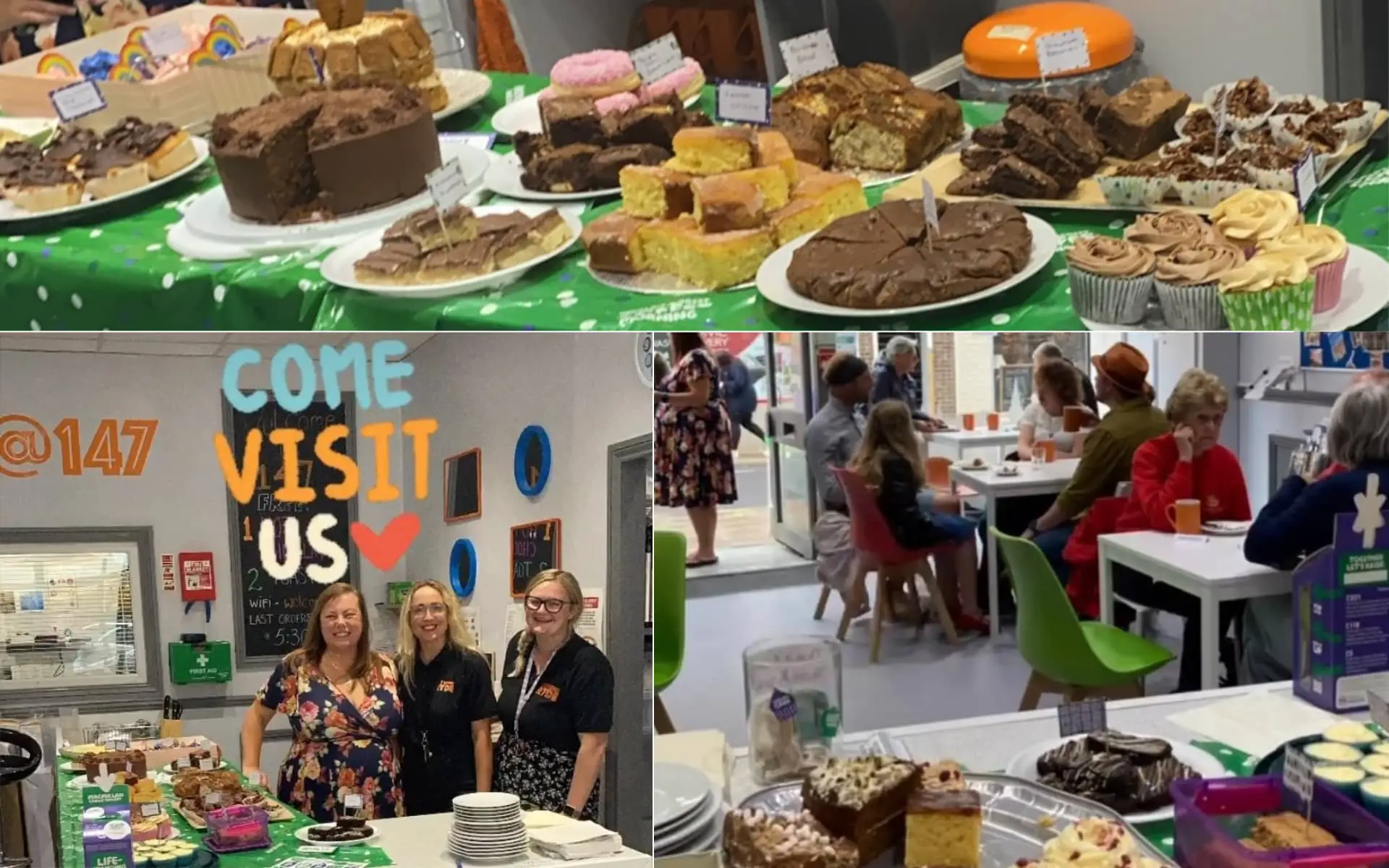 Photos of cakes for sale, plus Bex, Jo and Maiya at the busy coffee morning