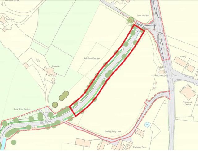 The new road section of Folly Lane which will close the current junction on the main road. The thick section in red is the part that is being pegged and roped