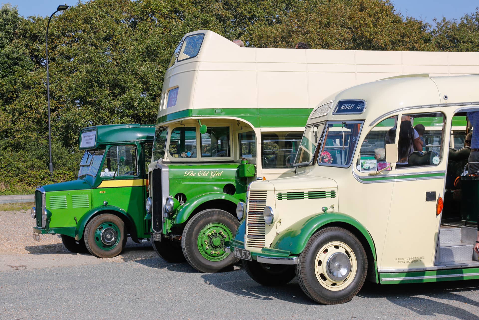 Three vintage Southern Vectis vehicles on the Centenary Tour at Somerton, the site of the original Vectis Bus Company depot